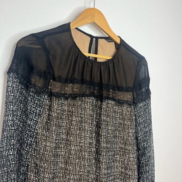 White House Black Market Women’s 0 Blouse Black White Long Sleeve Keyhole Back - Picture 2 of 11